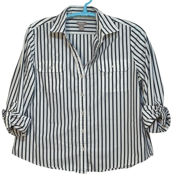Chicos Tops - Chicos Shirt Womens Black White Stripe Roll Tab Sleeve Nautical Vacation 3/US XL